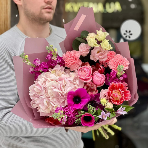 Colorful bouquet with hydrangea, anemones and fragrant matthiola «Bright Oksana»