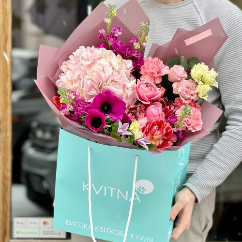 Colorful bouquet with hydrangea, anemones and fragrant matthiola «Bright Oksana»