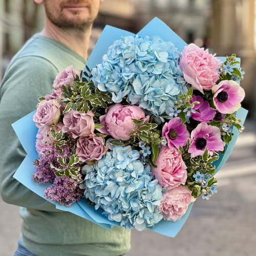 Luxurious bouquet with anemones and peonies «Turquoise Lake»