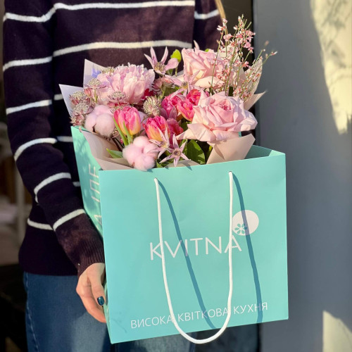 Pink fragrant bouquet with peony roses and peonies «Gentle Tetyanka»
