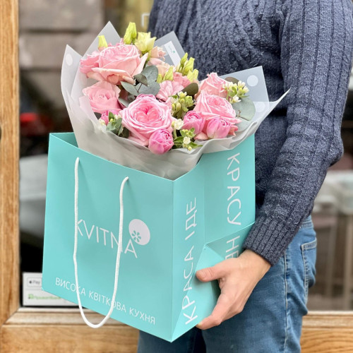 Pink bouquet with roses and eustomas «Sweet melody»