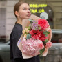 Pink bouquet of peony roses and exquisite hydrangea «Ruddy praline»