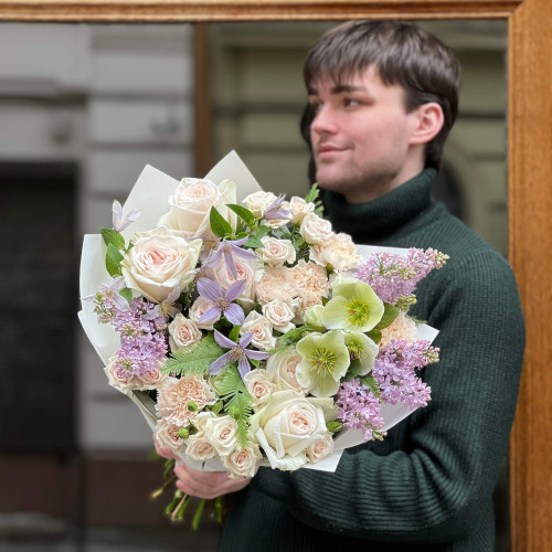 Delicate bouquet with lilacs and White O'Hara peony roses «Lavender Harmony»