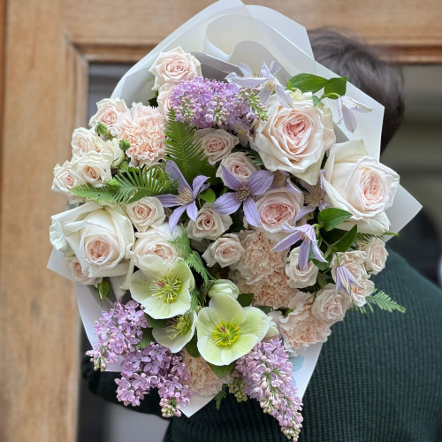 Delicate bouquet with lilacs and White O'Hara peony roses «Lavender Harmony»