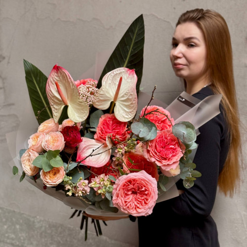 Exquisite bouquet with anthuriums and peont roses «Picasso's Kiss»