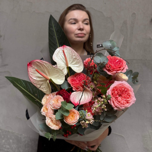 Exquisite bouquet with anthuriums and peont roses «Picasso's Kiss»