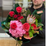 Interesting bouquet with peony roses and protea «Bright Olena»