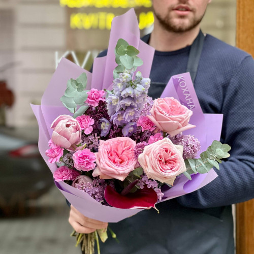 Bouquet with anthuriums and peony roses «Purple attraction»