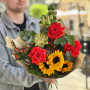 Interesting bouquet with unusual roses «Flame of Spring»