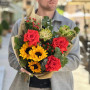 Interesting bouquet with unusual roses «Flame of Spring»