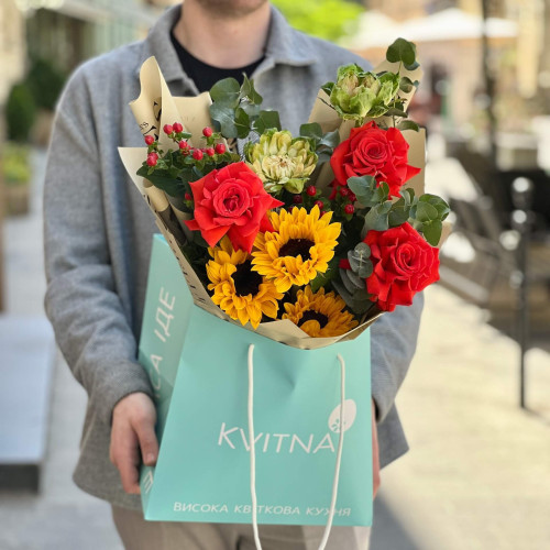 Interesting bouquet with unusual roses «Flame of Spring»