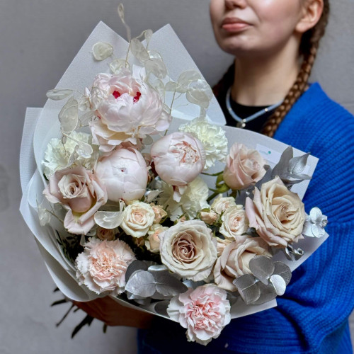 Exquisite powdery bouquet with peonies «Porcelain Doll»