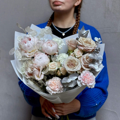 Exquisite powdery bouquet with peonies «Porcelain Doll»
