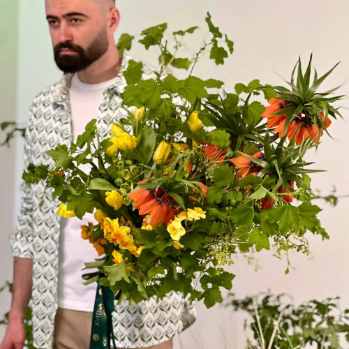 Bright bouquet with fritillaria and tulips «Sunset»