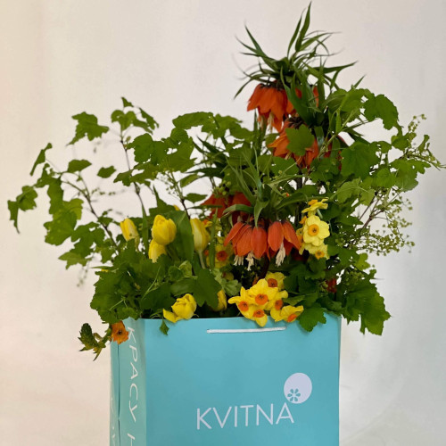 Bright bouquet with fritillaria and tulips «Sunset»