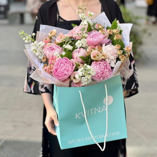Fluffy bouquet with peonies and matthiola «Raspberry Atlas»