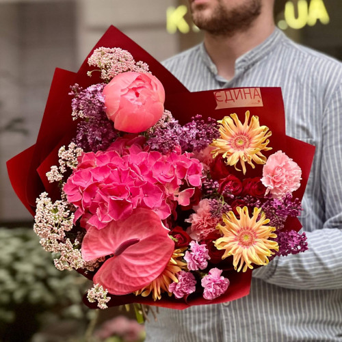 Fantastic bouquet with anthurium and peony «Ruby memories»