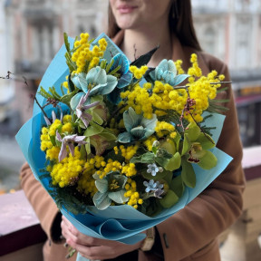 Цікавий букет з мімозою та тюльпанами «Блакитноока красуня»