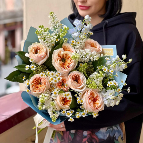 Exquisite bouquet of peony roses and lilacs «Italian dream»