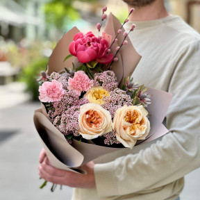 Pastel bouquet with peony roses and peonies «Mischievous Irynka»