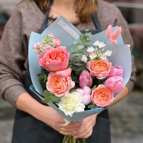 Lovely bouquet with peony roses and tulips «Ruddy compliment»