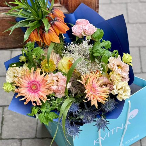 Bright bouquet with fritillaria and gerberas «Van Gogh's night»
