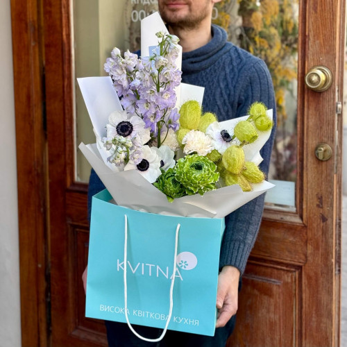 Light bouquet with delphinim and anemones «Blue-eyed dragon»