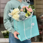 Букет з гортензією та півонієподібними трояндами «Акварельні хвилі»