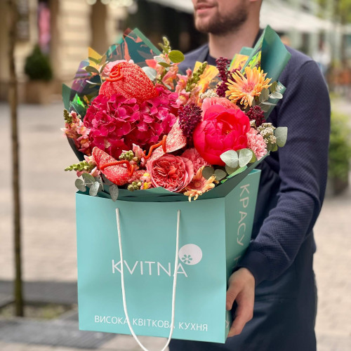 Bouquet of peonies and Graffiti anthuriums «Colored graffiti»