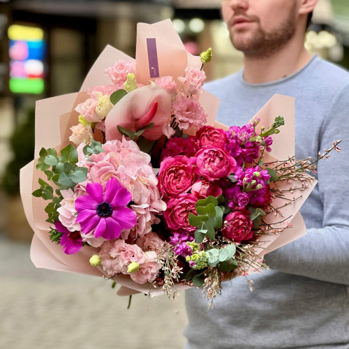Crimson bouquet with peony roses and anemones «Bright fuchsia»