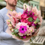 Crimson bouquet with peony roses and anemones «Bright fuchsia»