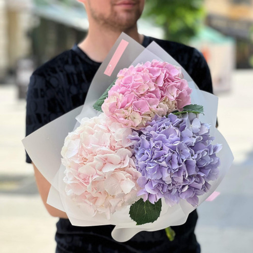 3 нежные гортензии в букете «Пастельное чудо»