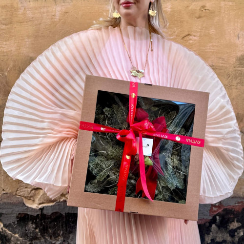 Різдвяний набір з віночка та амариліса червоного на підставочці «Святковий настрій»