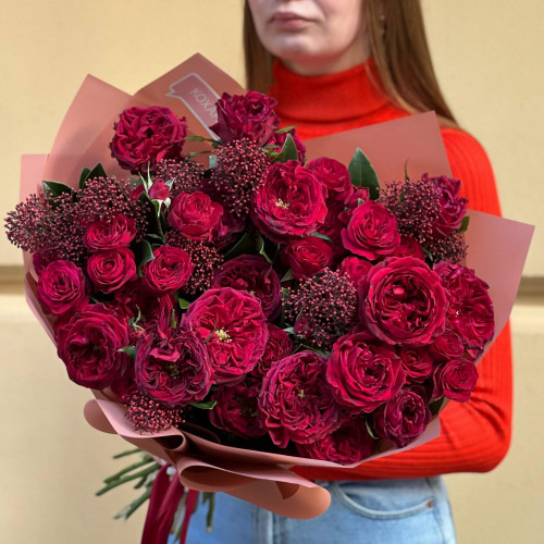 Passionate bouquet of peony roses in rich burgundy colors «Drink of Love»