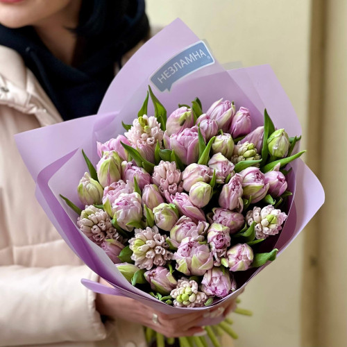 Delicate bouquet with tulips and hyacinths «Scent of Love»