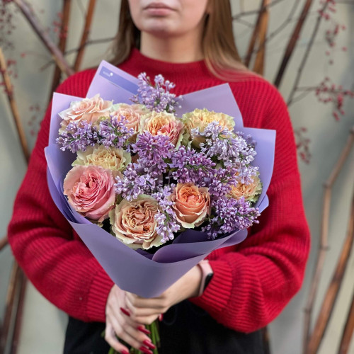 Watercolor bouquet with Caramel Macchiato peony roses «Lilac Caramel»