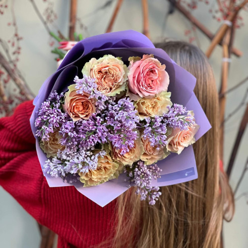 Watercolor bouquet with Caramel Macchiato peony roses «Lilac Caramel»