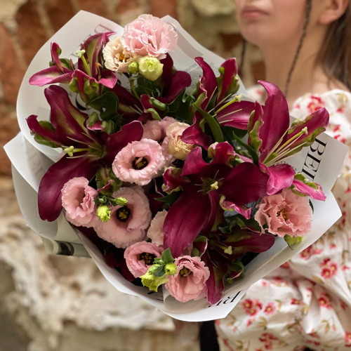 Rich and delicate bouquet with premium Tropical Dragon lilies «Plum Aroma»