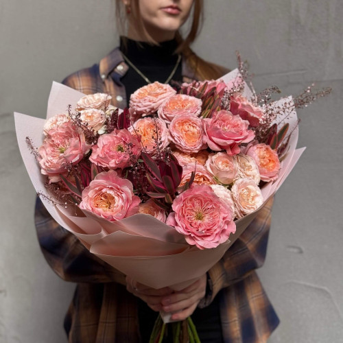Lacy peachy bouquet with peony roses «Copper Pattern»