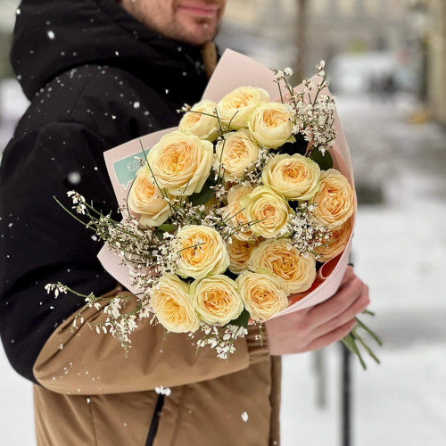 Delicate bouquet with spray peony roses and genista «Cream Balls»
