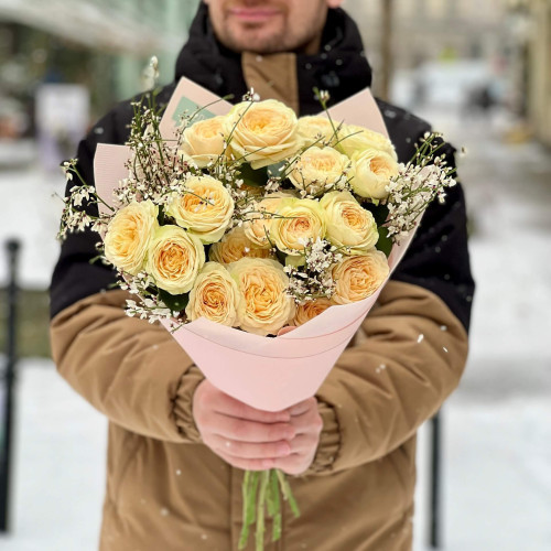 Delicate bouquet with spray peony roses and genista «Cream Balls»