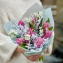 Fragrant pink and white bouquet with daffodils and hyacinths «Spring snow»