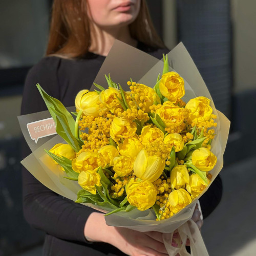 Joyful bouquet of spring tulips and mimosa «Sunny smile»