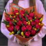 Bright bouquet of tulips and phalaris «Juicy Berries»