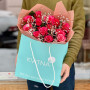 13 Tacazzi roses with genista in a bouquet «Raspberry Delight»