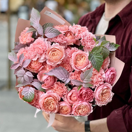 Warm bouquet with spray peony roses «Peach Jelly»
