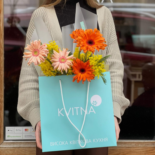 Bright duo bouquet of mimosa and Pasta gerberas «Italian greeting»