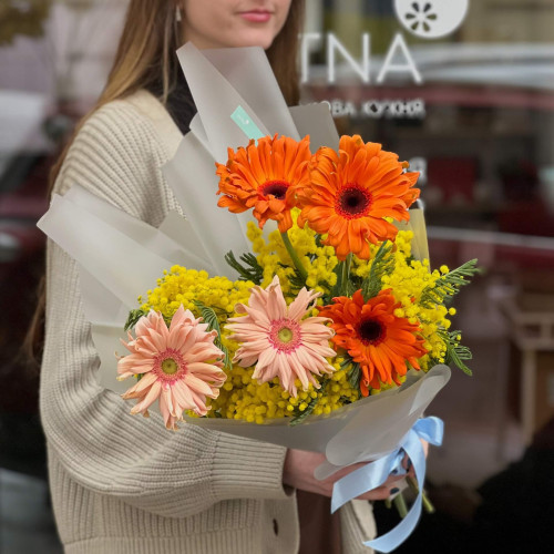 Bright duo bouquet of mimosa and Pasta gerberas «Italian greeting»