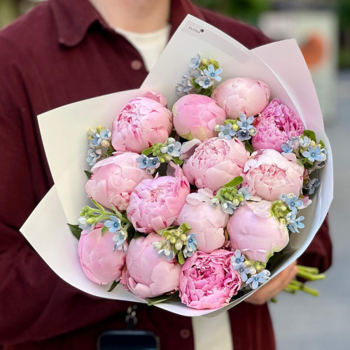 Delicate bouquet of peonies and oxypetalum «Morning Stars»