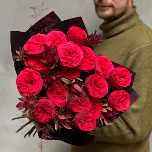 Exquisite bouquet of Red Piano peony roses «Ruby Aroma»